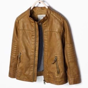 Zara Kids Boys Brown Tan Leather Motorcycle Jacket sz 7/8 128cm